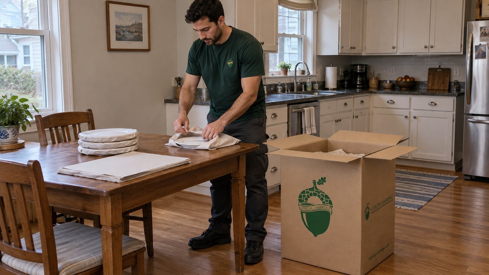 Wrapping dinnerware for packing Mover wrapping a plate in plain paper at a kitchen table beside an open branded china carton