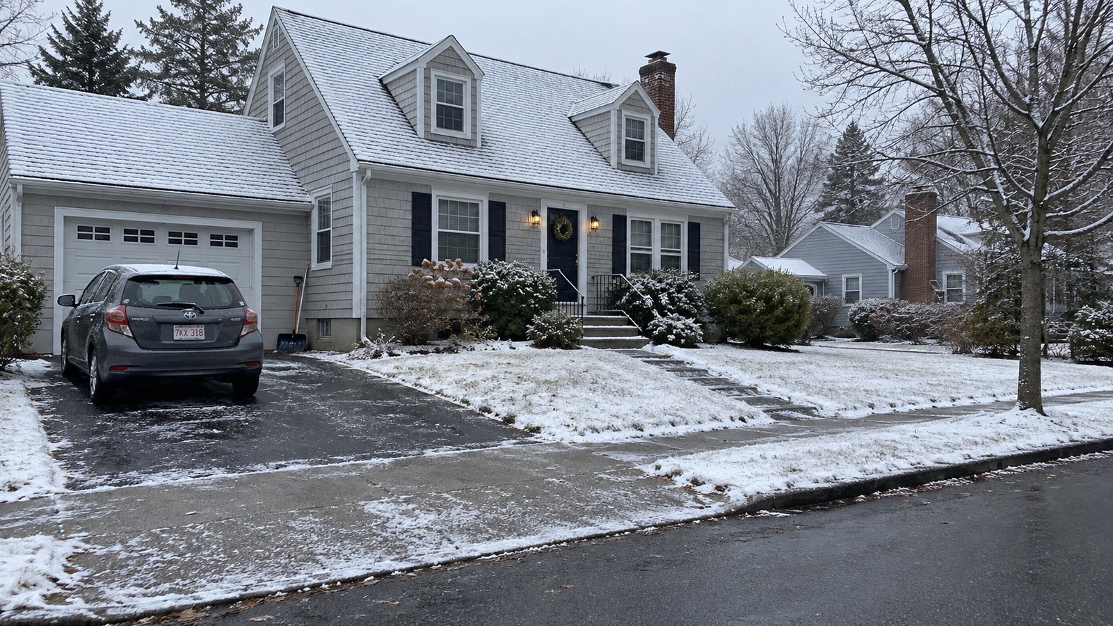 Gray Cape house with light snow, a compact car in the driveway and a partly cleared front path