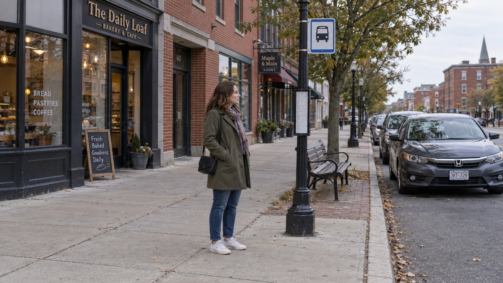 Woman standing beside a bus-stop sign and bench on a brick-lined town street