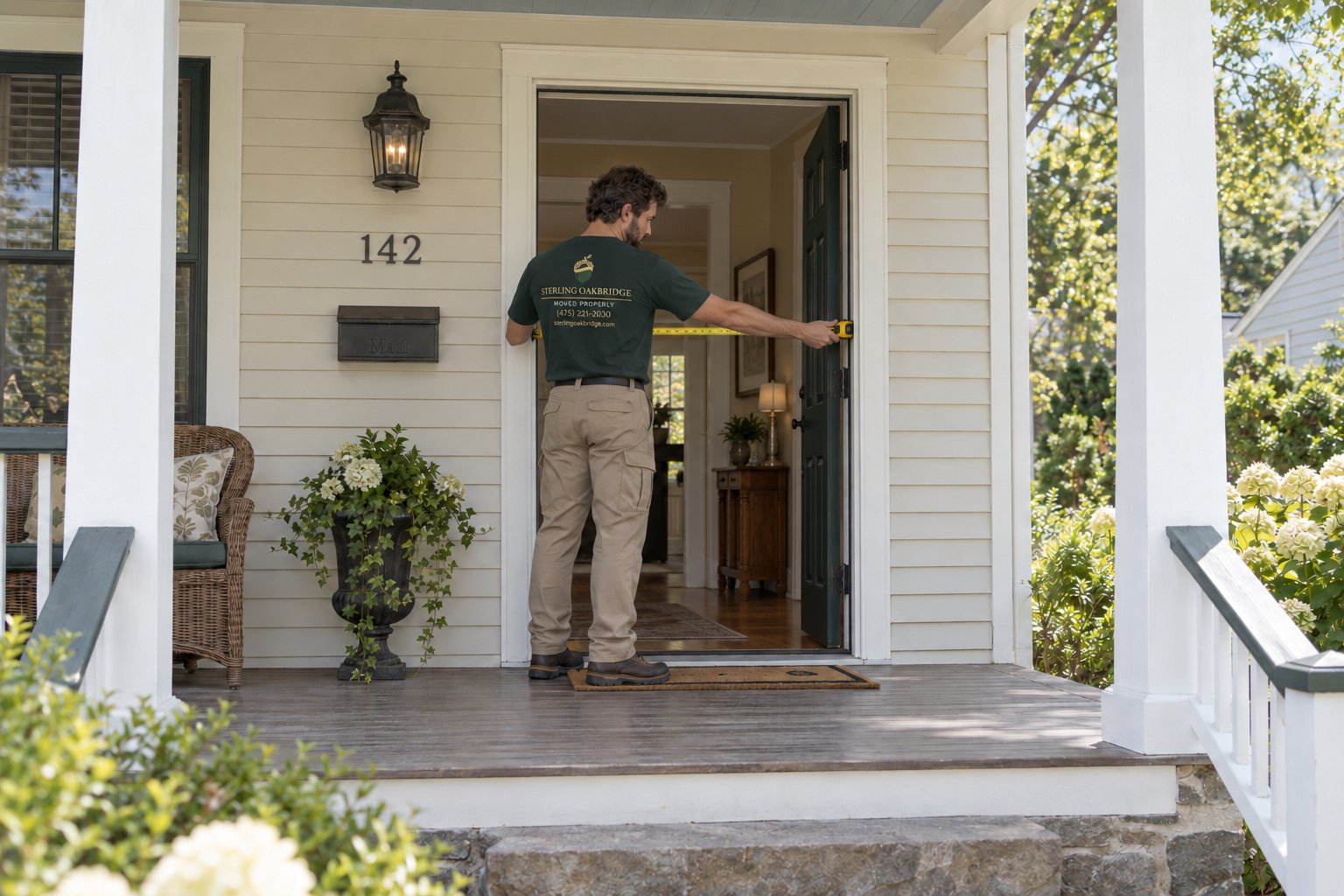 Measure usable access A whole male Sterling Oakbridge mover measures an open front doorway with a horizontal tape.