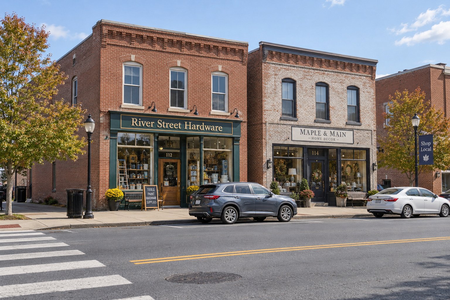 Two complete principal brick storefronts with functional signs and a parked blue SUV.