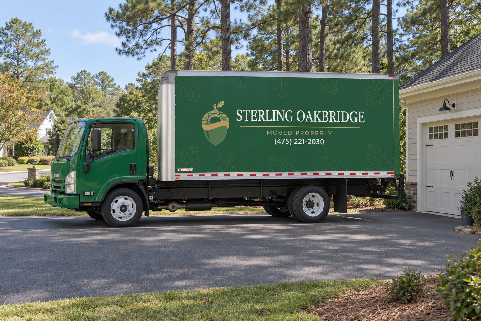 Confirm the truck position A whole green Sterling Oakbridge NPR16 truck seen broadside on a paved private driveway beside a garage.