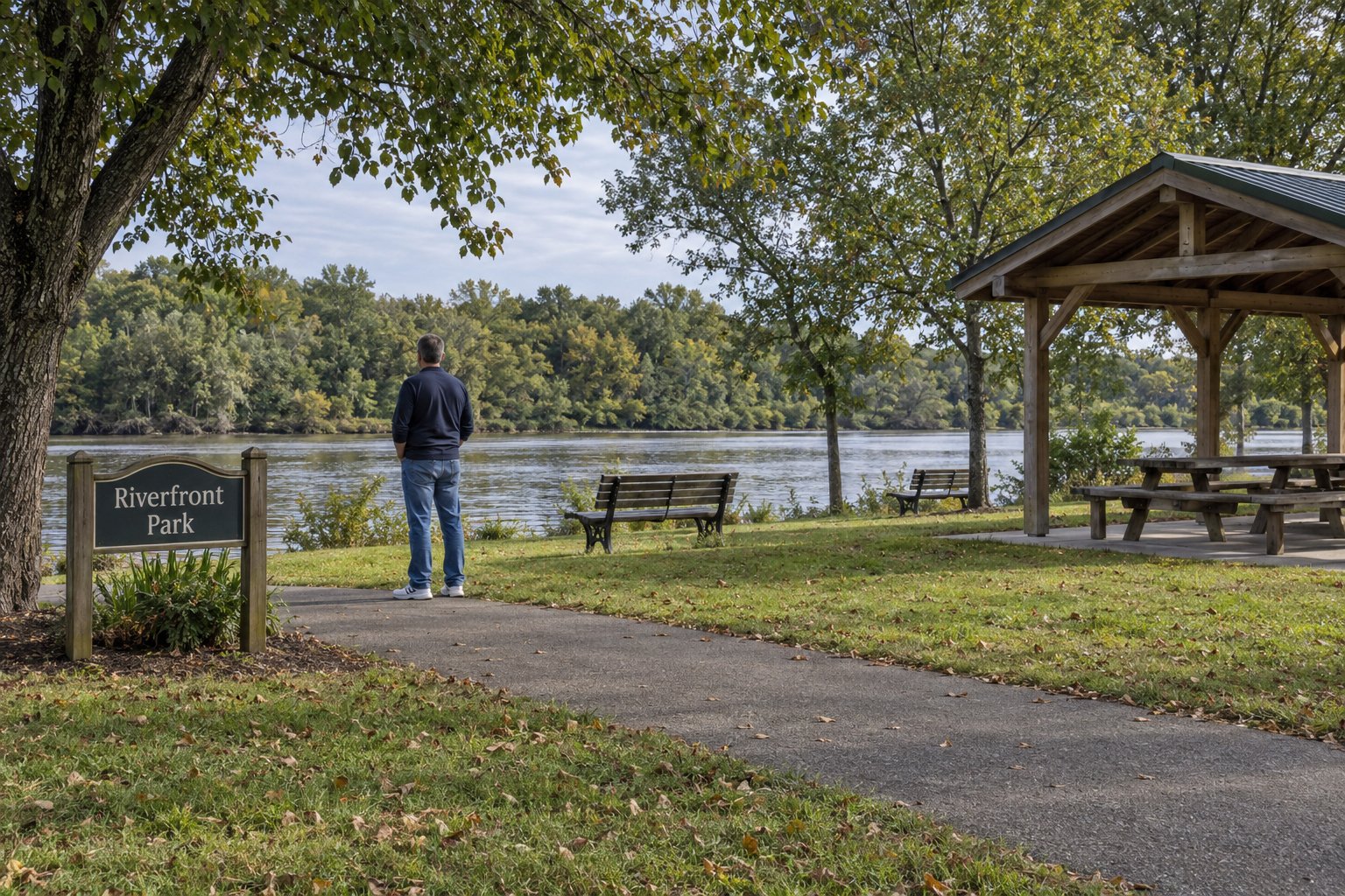 A whole casually dressed man stands on a paved riverside path beside benches and trees.