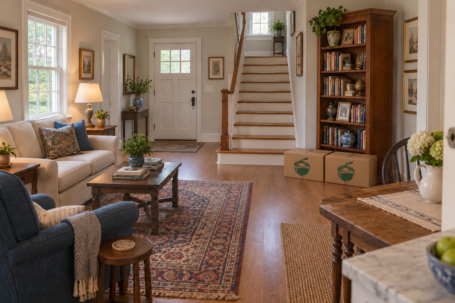 A furnished living room with a complete front doorway and straight stair flight, and two closed small kraft Book cartons beside a bookcase.