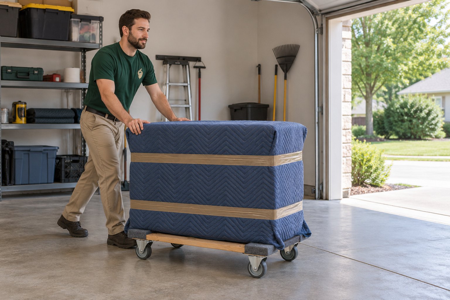 Prepare furniture and the route A whole male Sterling Oakbridge mover pushes blanket-wrapped furniture on a compact wood-and-carpet dolly along a level garage floor.