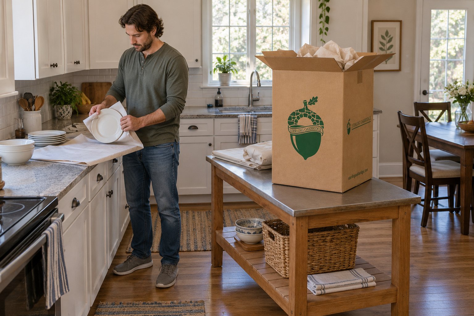 Prepare fragile packing A whole male packer wraps a plate in a furnished kitchen beside an open tall kraft China carton.