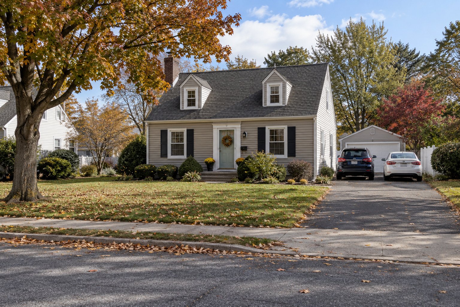 A complete principal Cape Cod style home and detached garage beside two cars and a connected driveway in autumn daylight.