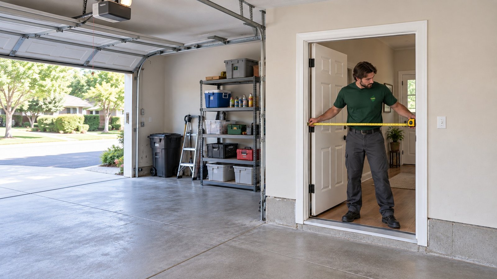 Measuring the clear opening A male Sterling Oakbridge mover measuring an open garage-to-house doorway with a horizontal tape, with the full doorway in view.
