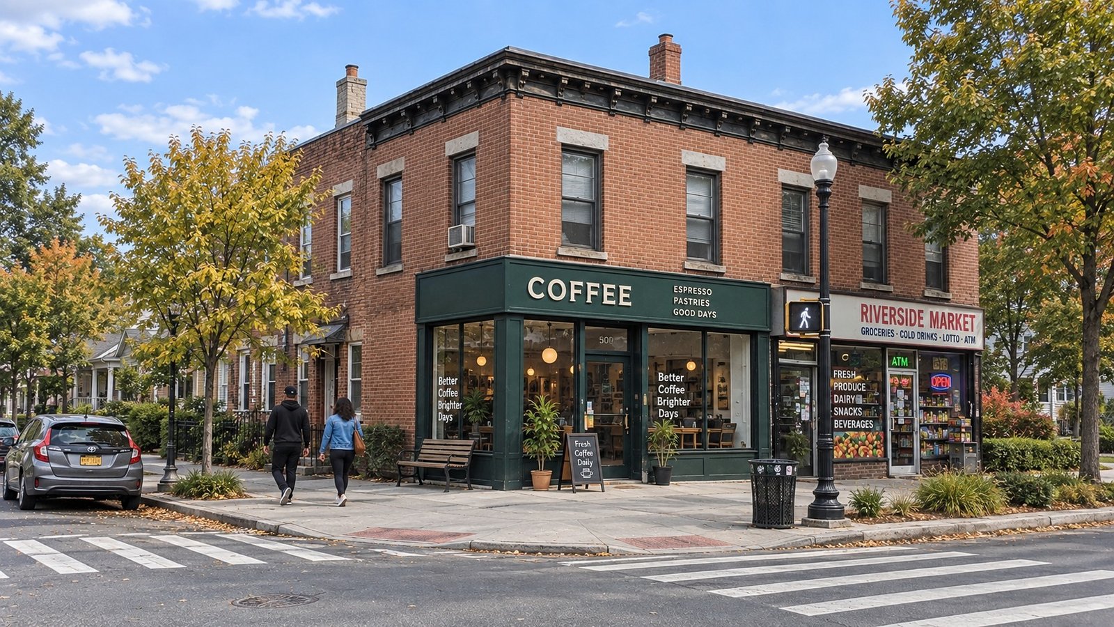 A modest brick corner building with coffee and market signs, a bench and two residents walking along the sidewalk.