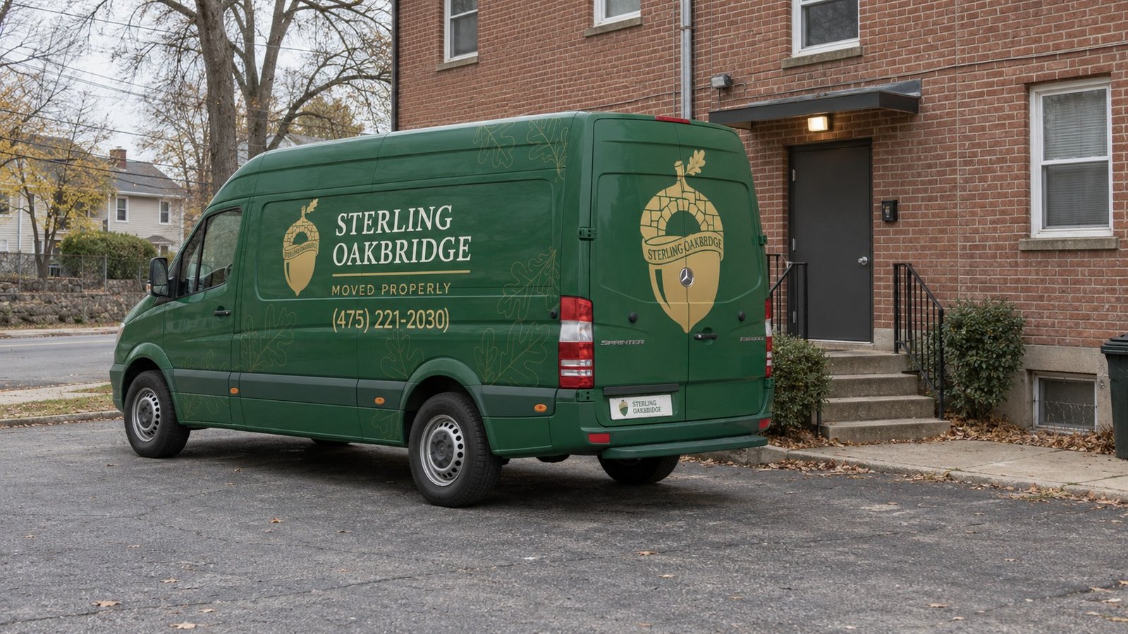Plan the vehicle position The green Sterling Oakbridge Sprinter standing on a paved apron beside a brick apartment entry and short steps.
