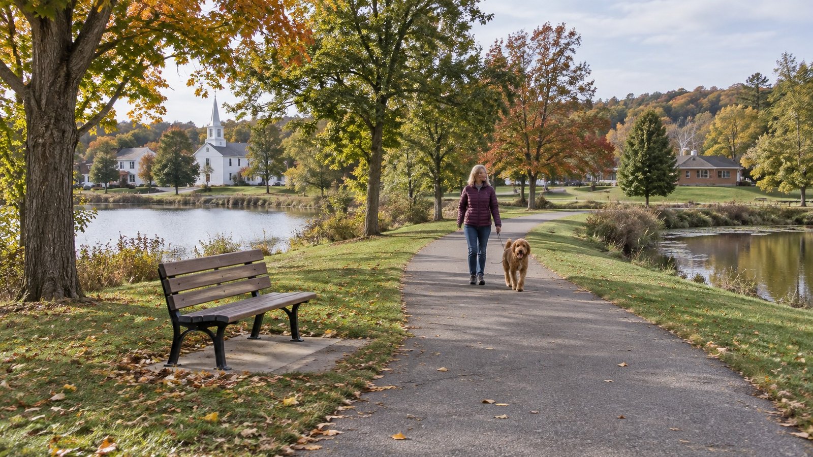 A woman walking a leashed dog along a paved waterside path beside a complete park bench in autumn.