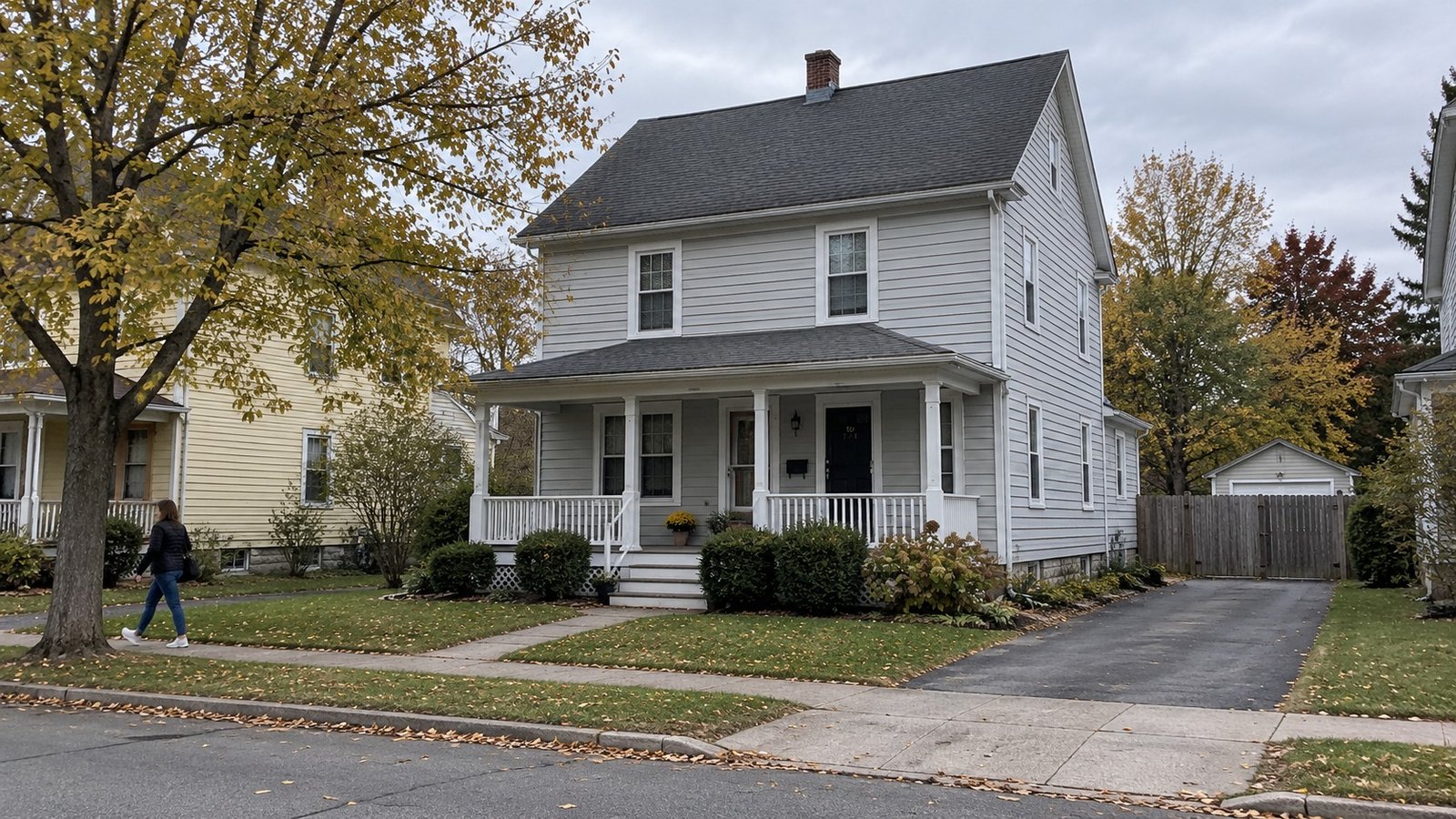 Read the approach to the home A modest gray house with its complete porch, front entry and a connected paved approach.