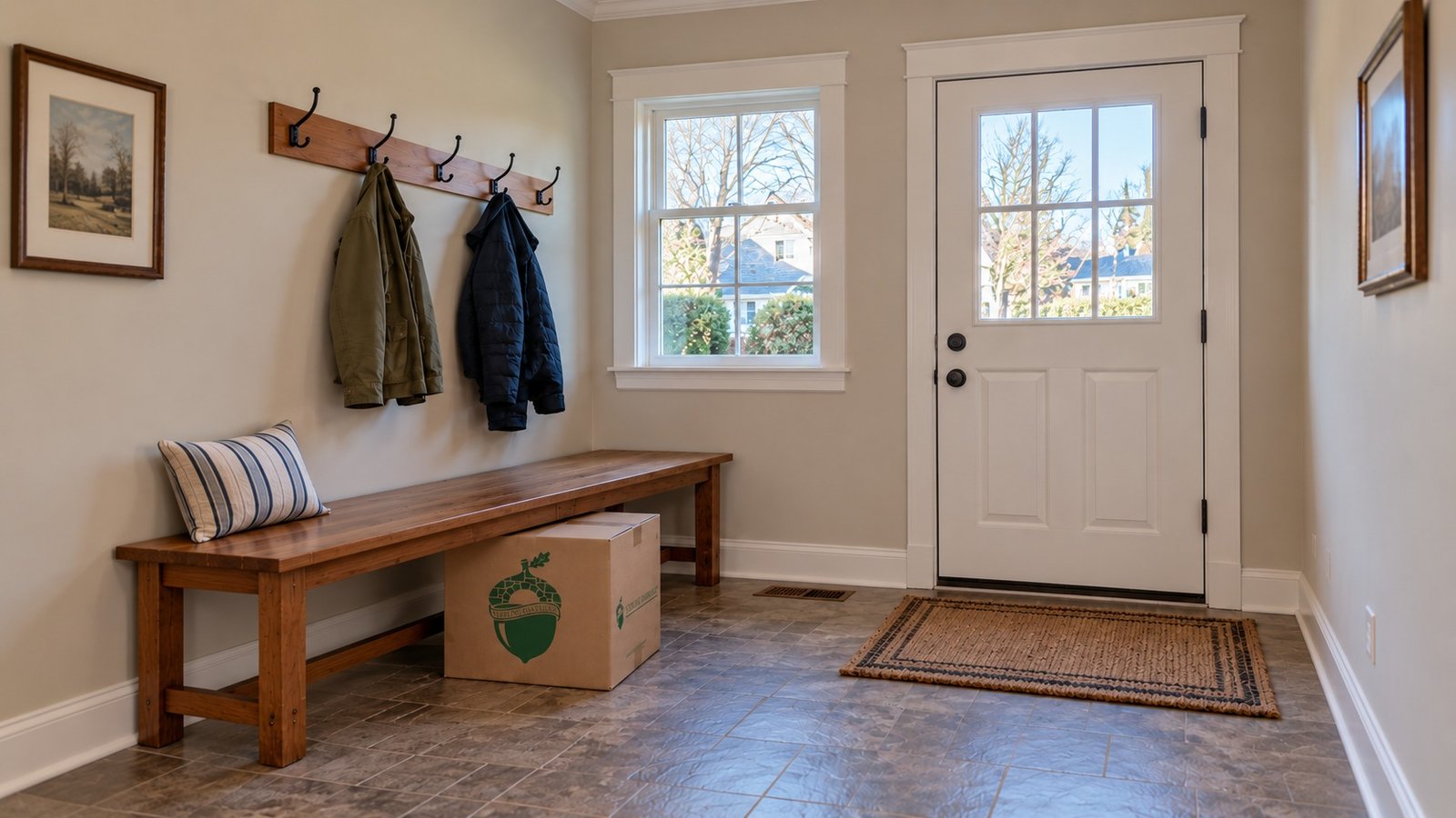 An enclosed mudroom with a complete front door, window and wooden bench, and a closed medium kraft carton beneath the bench.