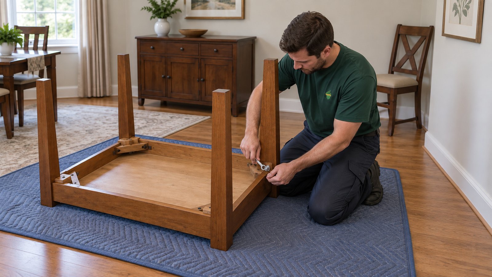 A mover tightens an inside corner fixing on an inverted dining table with four matching straight legs.