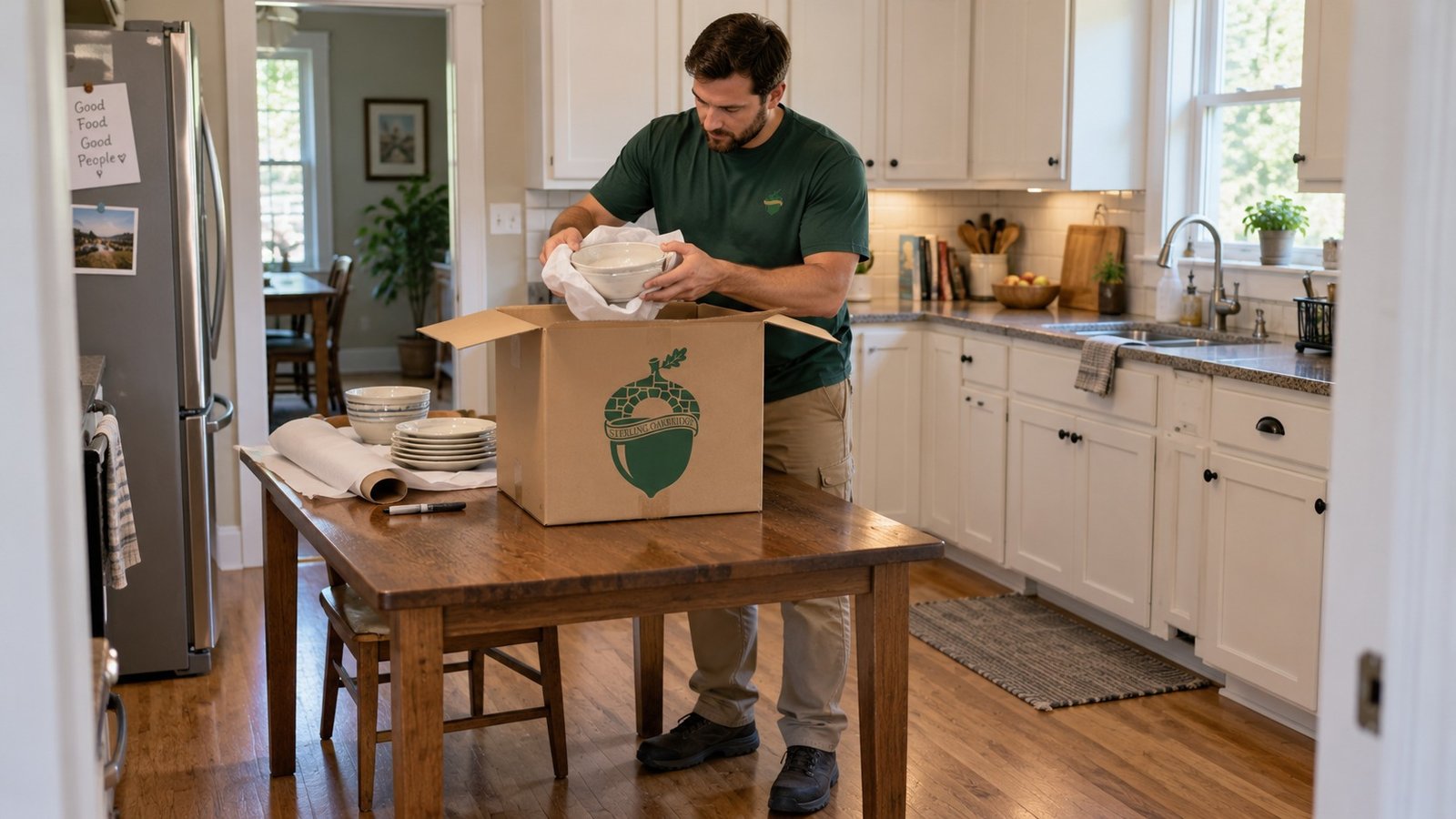 Packing kitchen dishes A male Sterling Oakbridge mover supporting a paper-wrapped ceramic bowl above an open medium kraft carton on a kitchen table.
