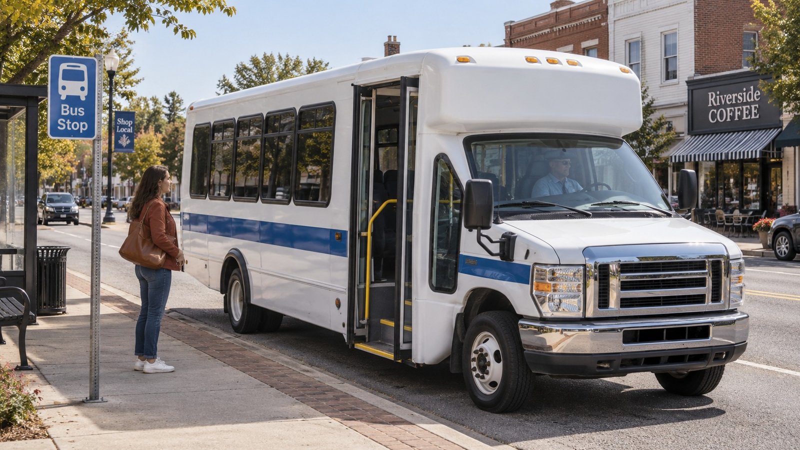 A white and blue cutaway shuttle beside a sidewalk, with its curb-facing entrance open and a woman waiting nearby.