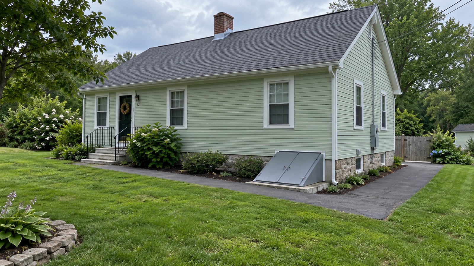 Inspect the complete approach A whole pale-green single-story house with granite foundation and closed gray exterior cellar bulkhead doors.