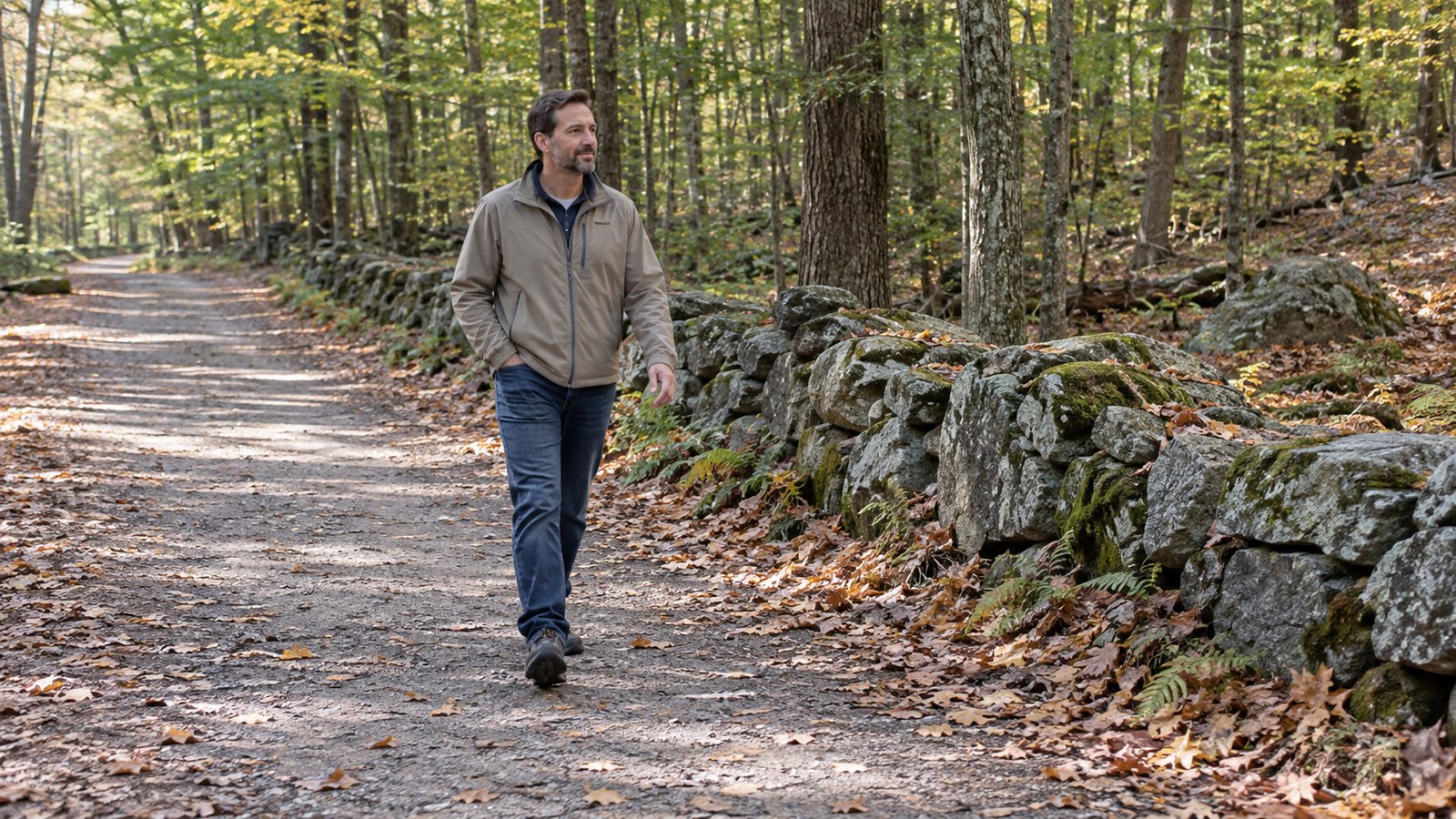 A whole man in an ordinary jacket walking on a broad woodland trail beside a low stone wall.