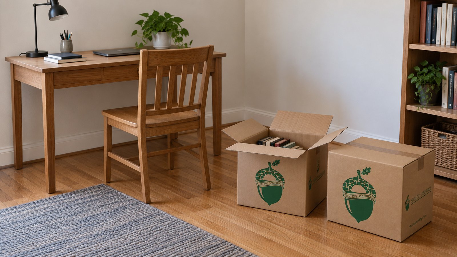 A whole wooden desk and chair beside open and closed small kraft Book cartons containing books.