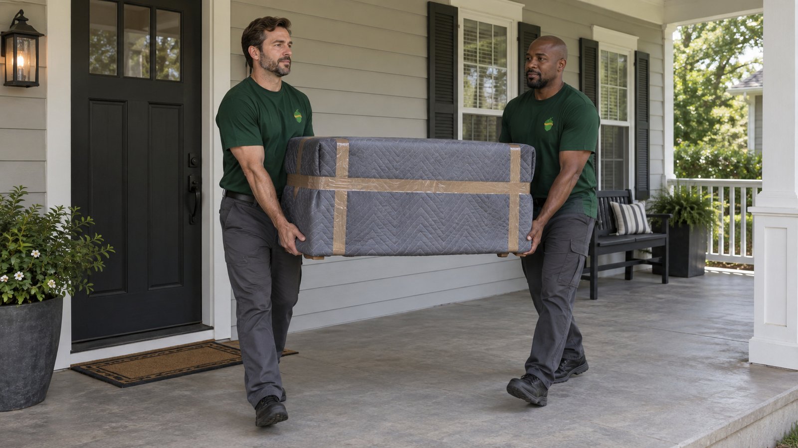 Prepare the furniture route Two male movers in green Sterling Oakbridge shirts carrying a compact chest fully wrapped in a gray blanket secured with brown tape.