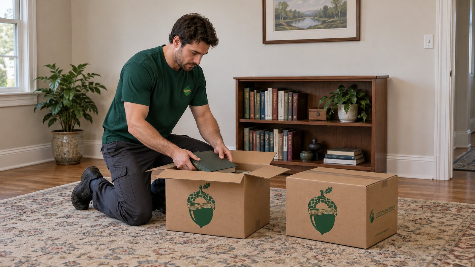 Use small cartons for books A kneeling male mover in a green Sterling Oakbridge shirt placing a book in an open small kraft carton beside a complete low bookcase.