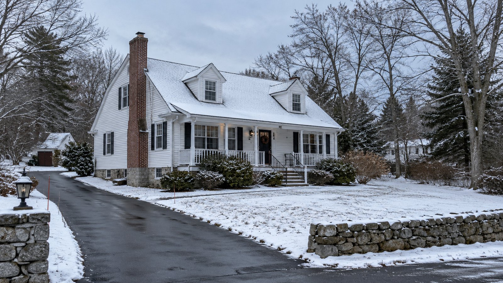 A whole white cape-style house with two dormers beside a cleared front path and snow-covered lawn.