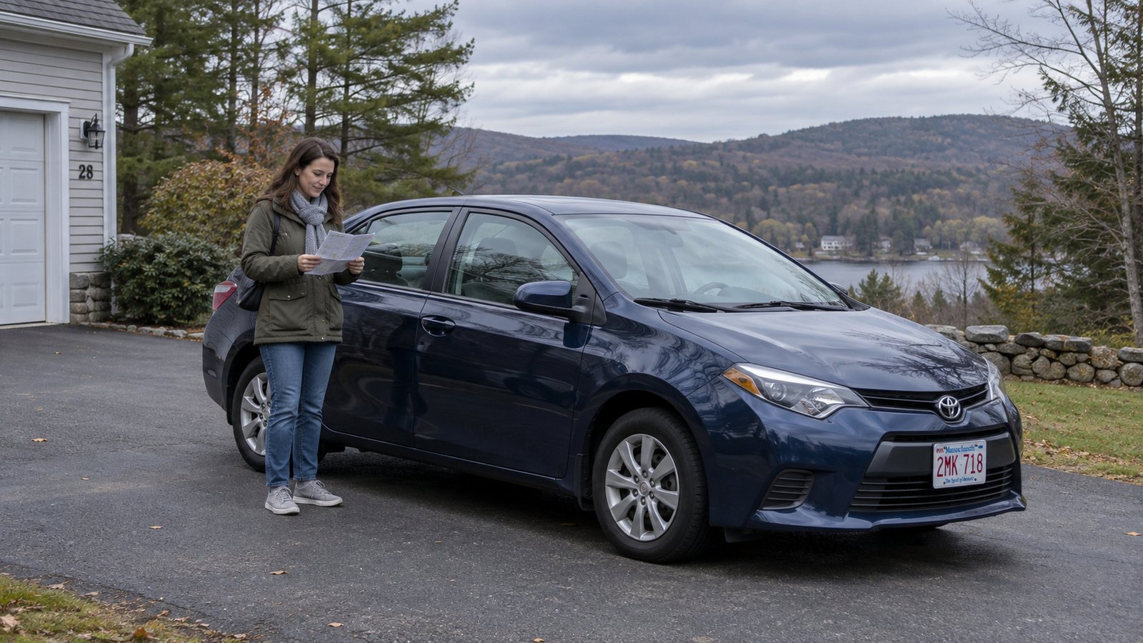 A woman holding a paper beside a complete blue sedan on a paved driveway.