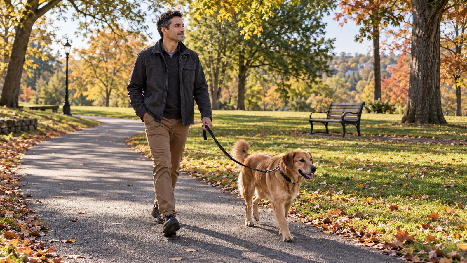 A resident walks a leashed dog on a park path with open space and trees beyond.
