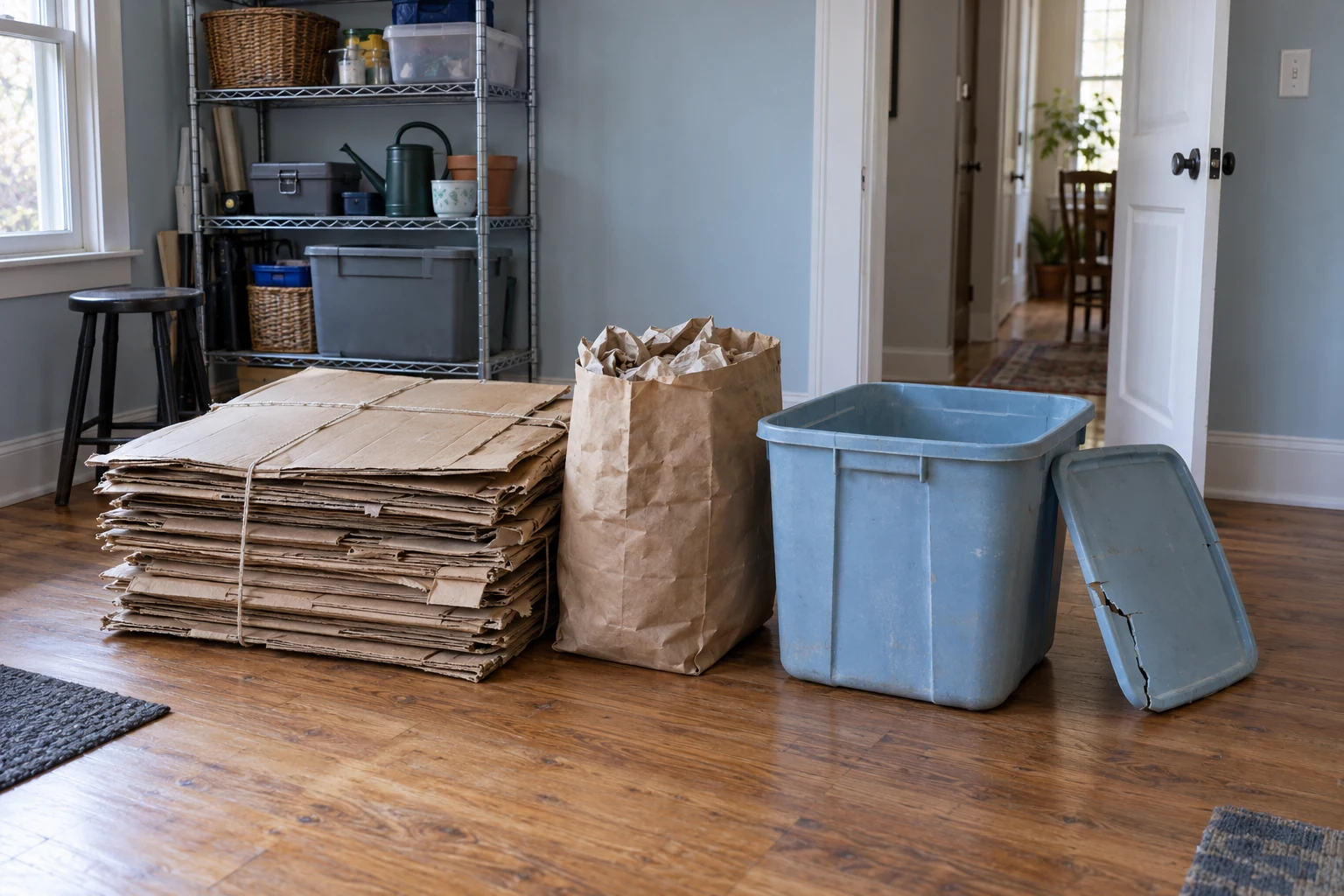 Flattened cardboard and packing paper stand separately from a broken blue plastic bin indoors.