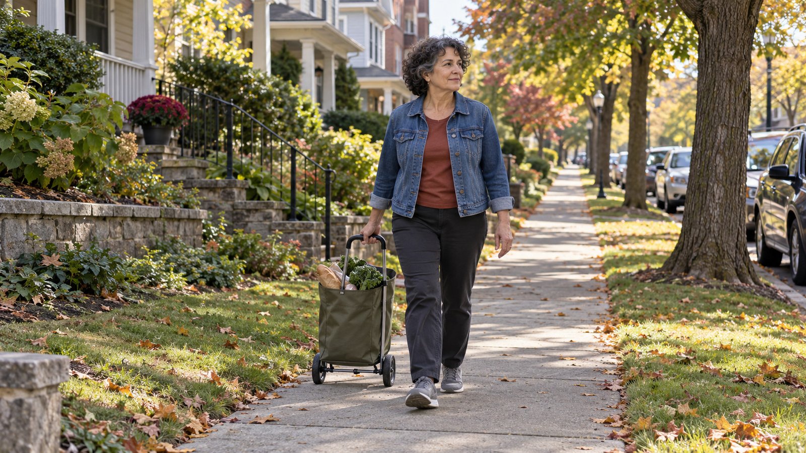 A resident pulls a small loaded shopping trolley along a sloping residential sidewalk.