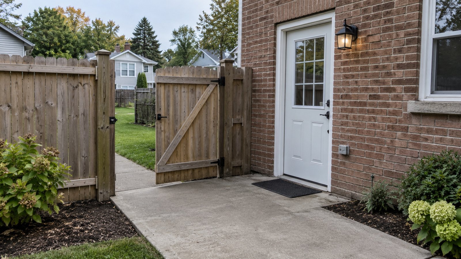A side entrance and pedestrian gate An open wooden pedestrian gate leads along a concrete path to a level white side door in a brick wall.