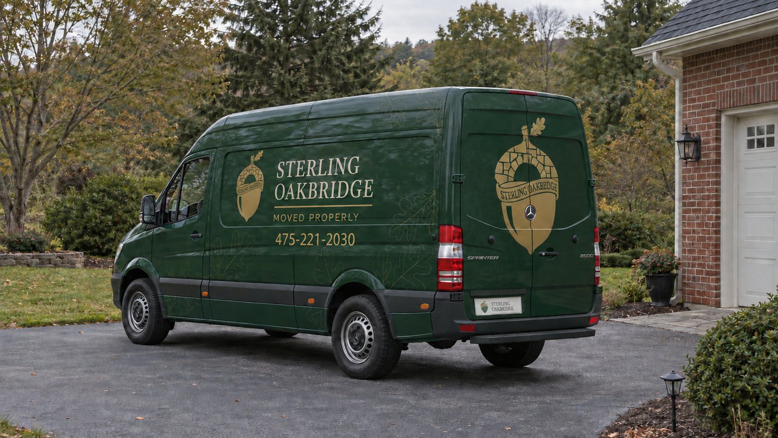 A vehicle position on private paving A whole green Sterling Oakbridge Mercedes Sprinter van seen from the rear three-quarter angle on a paved driveway beside a brick house.