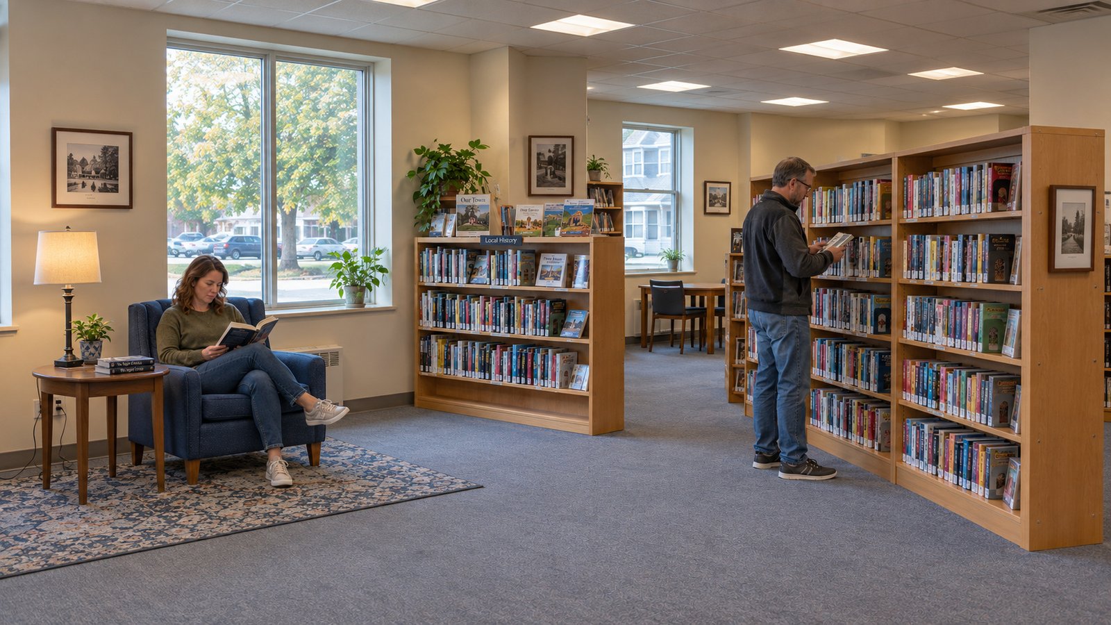 A woman reads in an armchair while a man browses books beside a shelving unit in a library room.