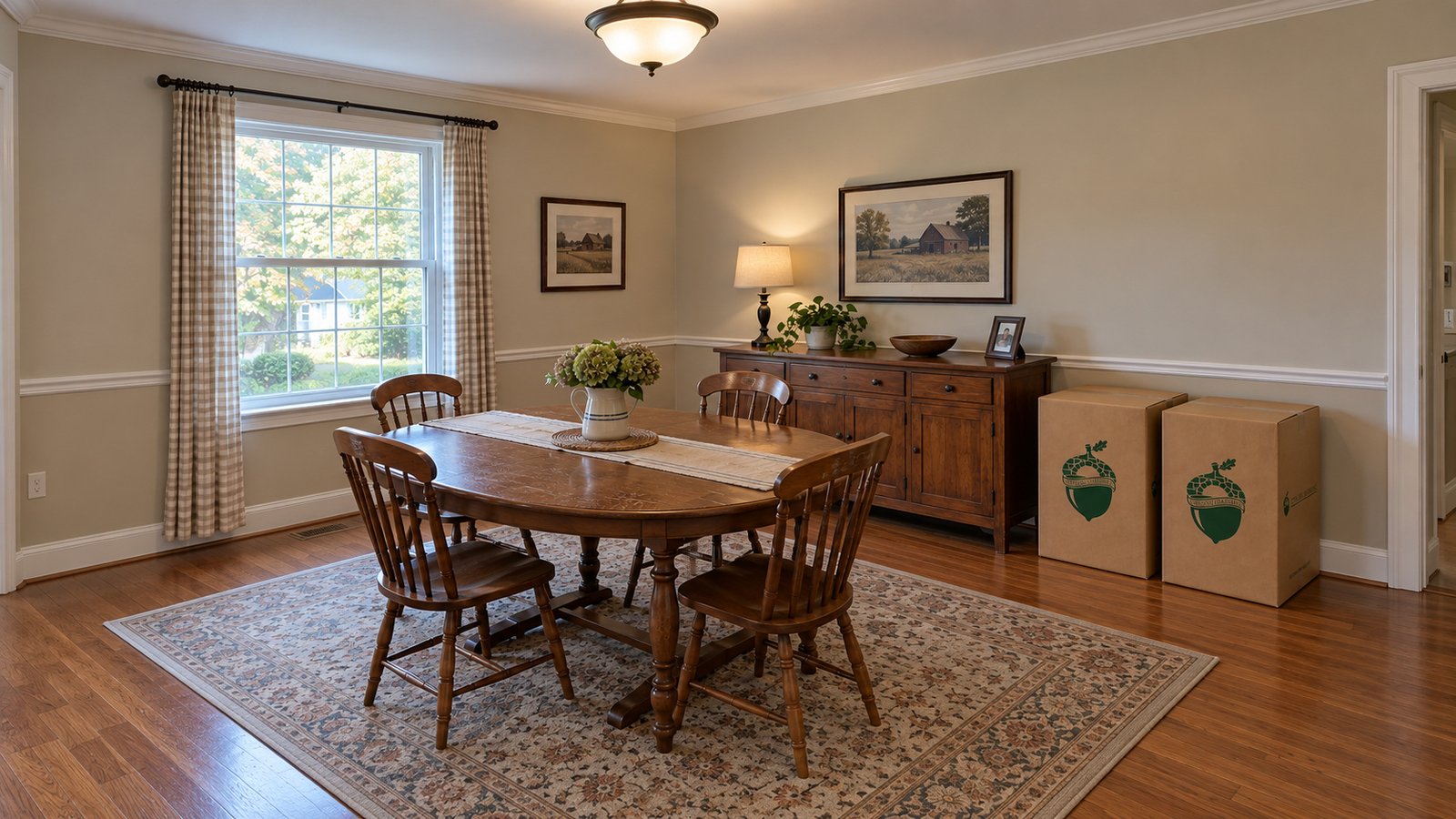 An oval wooden dining table with four chairs, a sideboard and two closed Sterling Oakbridge China cartons beside a full window.