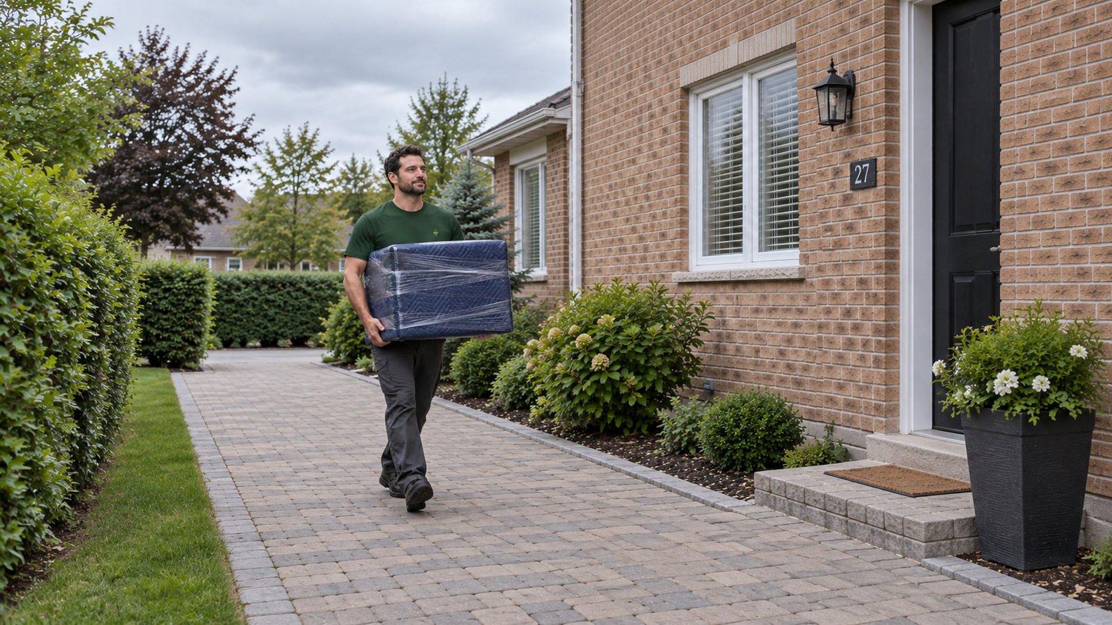 A clear route for a manageable item One male mover carries a small blanket-wrapped chest close to his body along a paved path beside a brick house.
