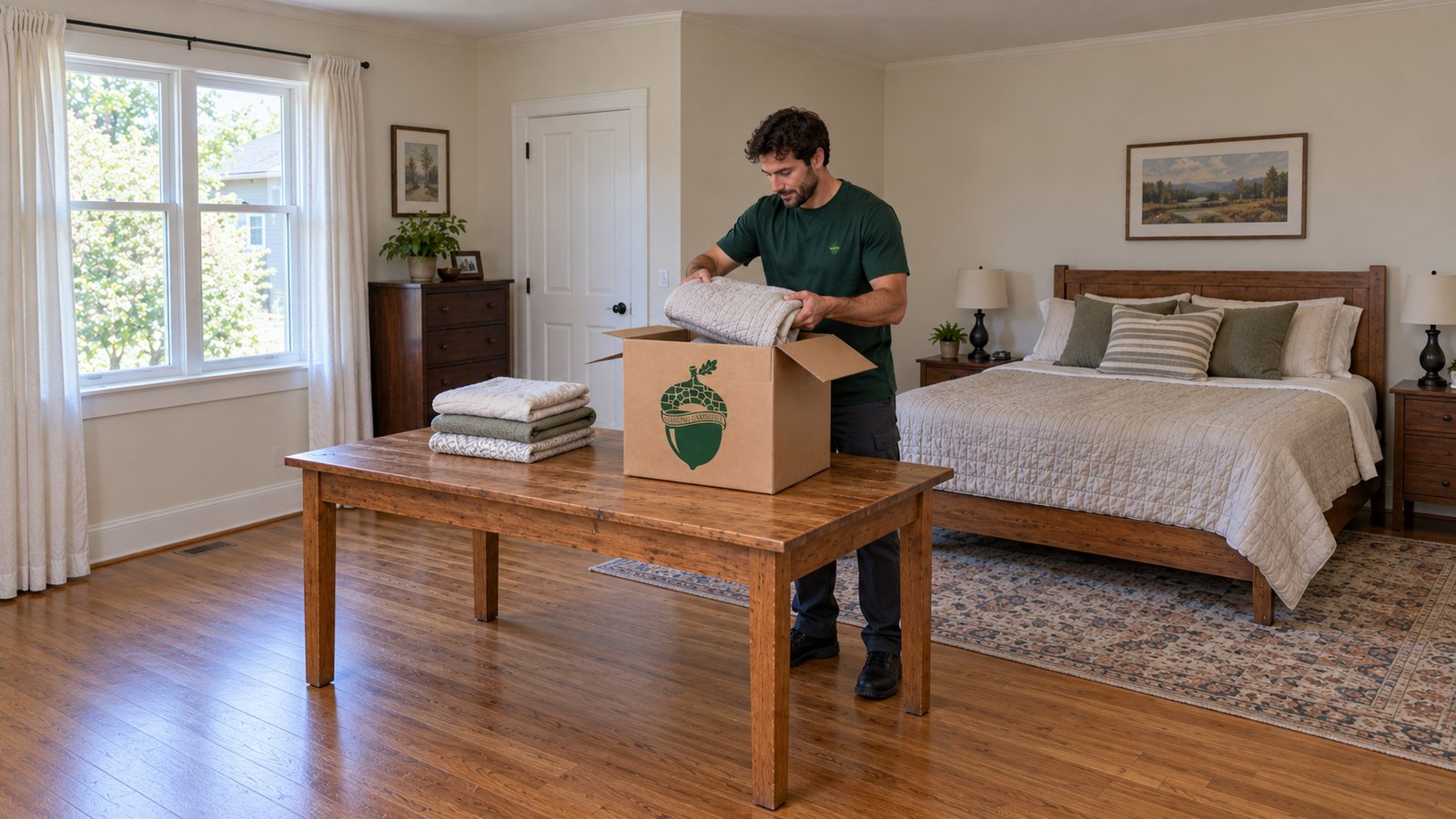 Packing household linen A male mover in a green Sterling Oakbridge shirt lowers a folded blanket into an open branded medium linen carton on a wooden table.