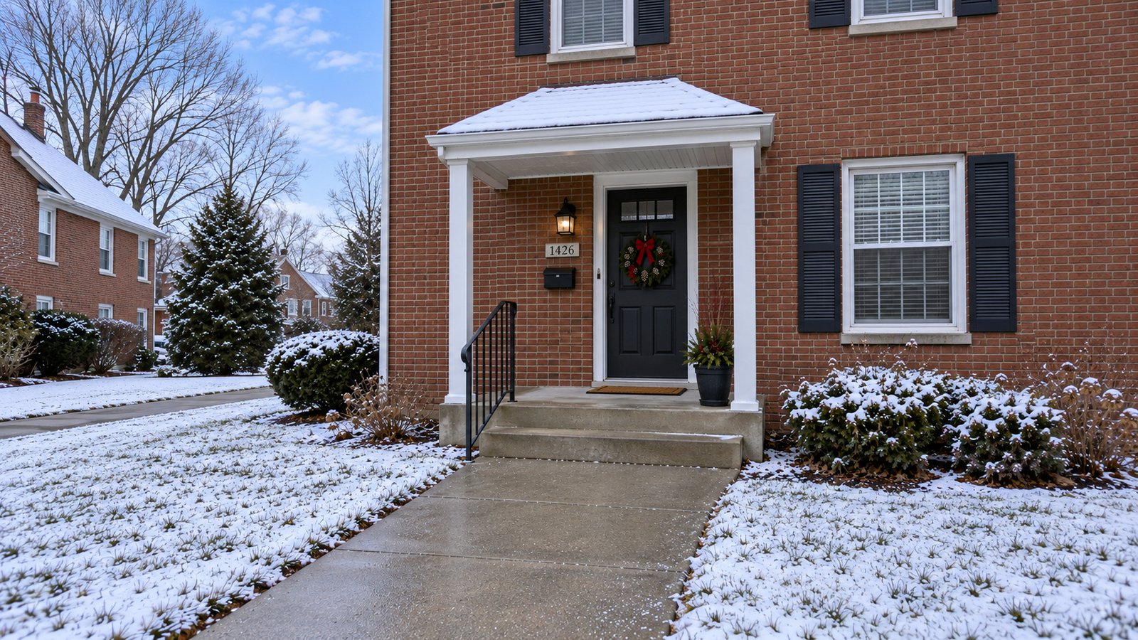A brick-house porch with a whole short roof, closed door, handrail and cleared steps leading to a shoveled path.