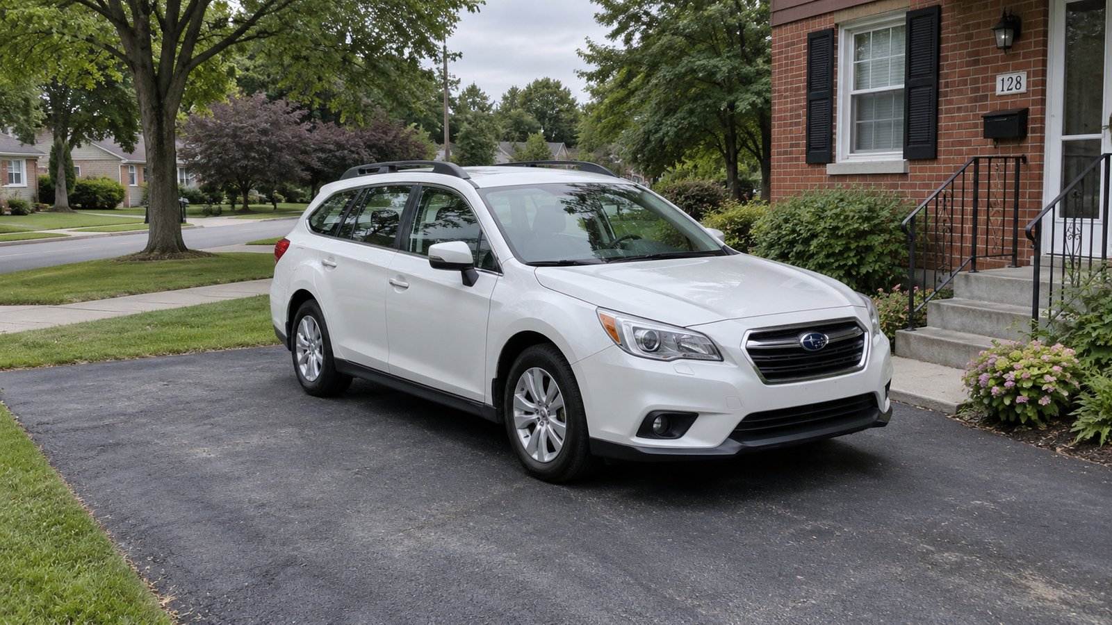 A whole white station wagon parked on a private driveway beside a modest brick house and a tree-lined street.