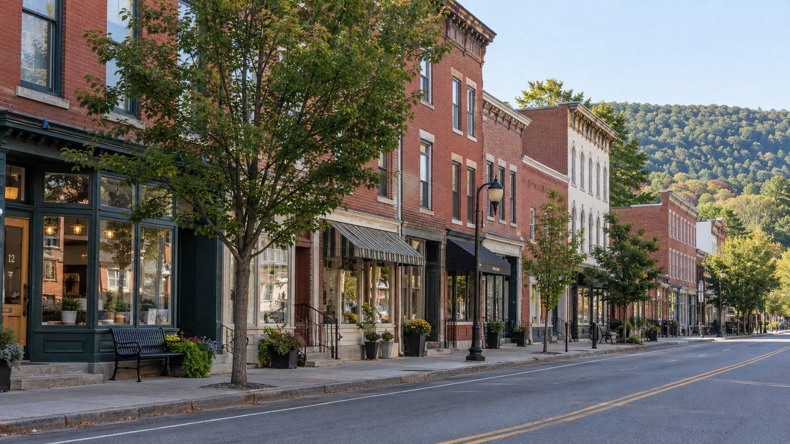 Shopfronts along the village street Row of brick shopfronts with awnings, street trees and a wooded ridge beyond the buildings