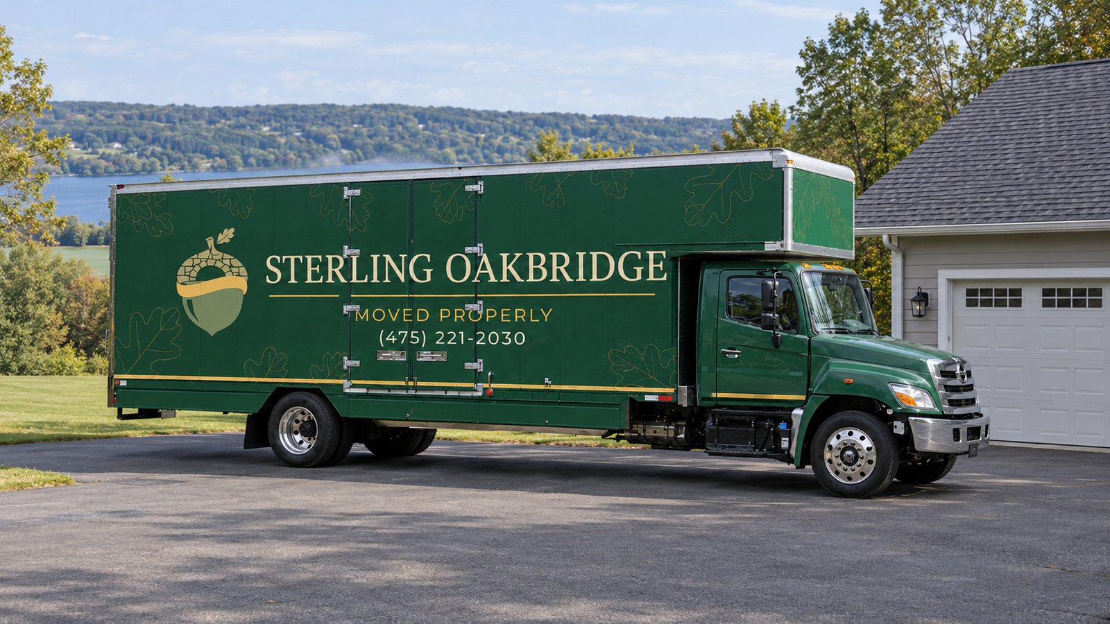 Moving truck on a paved approach Dark green Sterling Oakbridge Hino box truck on a paved apron beside a garage, with a lake and wooded hillside in the distance