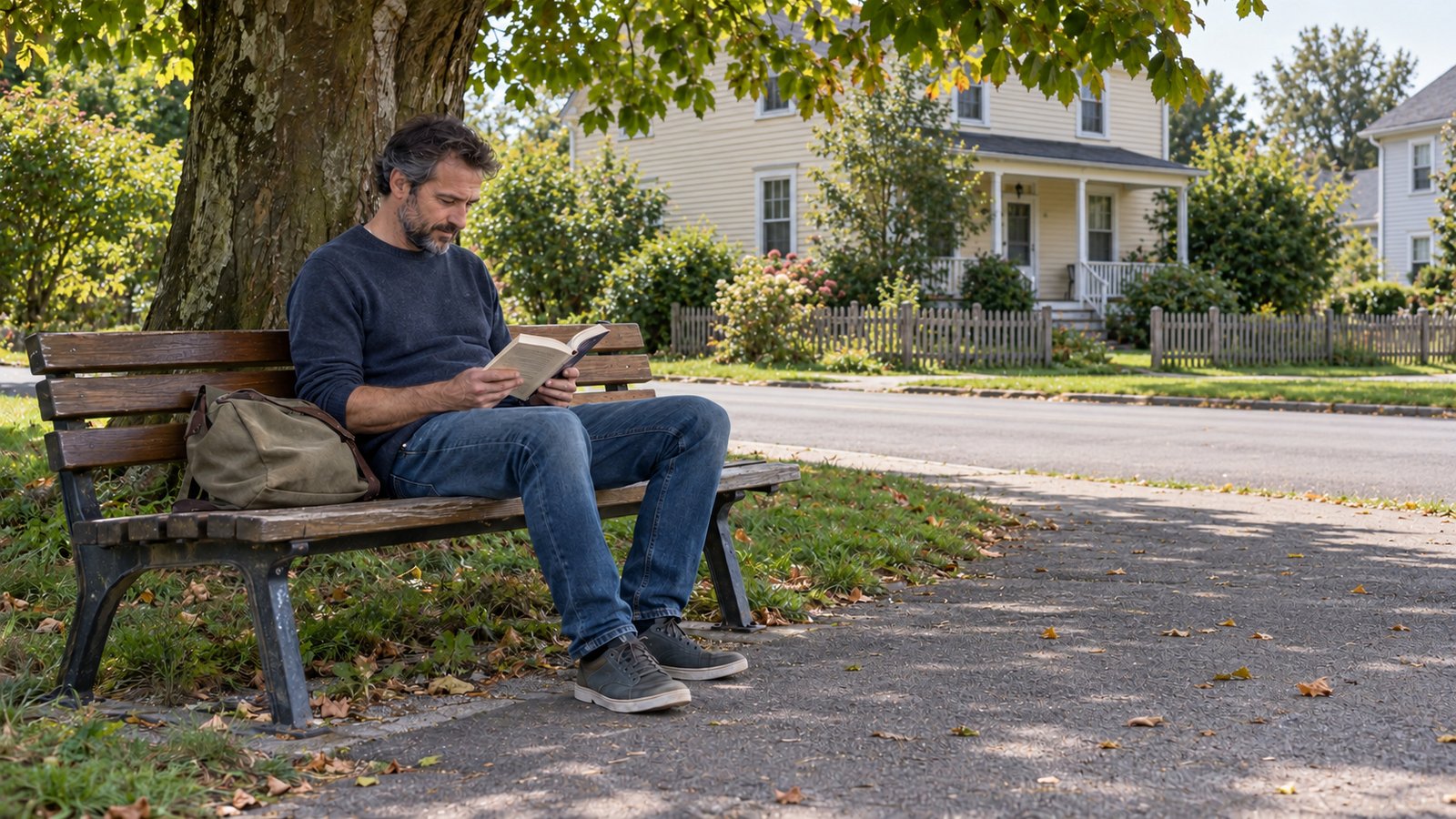 A quiet moment with a book Man reading on a wooden bench beneath a tree, with a canvas bag beside him and a clapboard house across the street