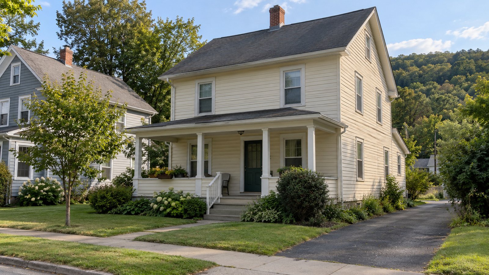 Porch and side driveway Two-story cream clapboard house with a covered porch, low front steps and a narrow paved side driveway