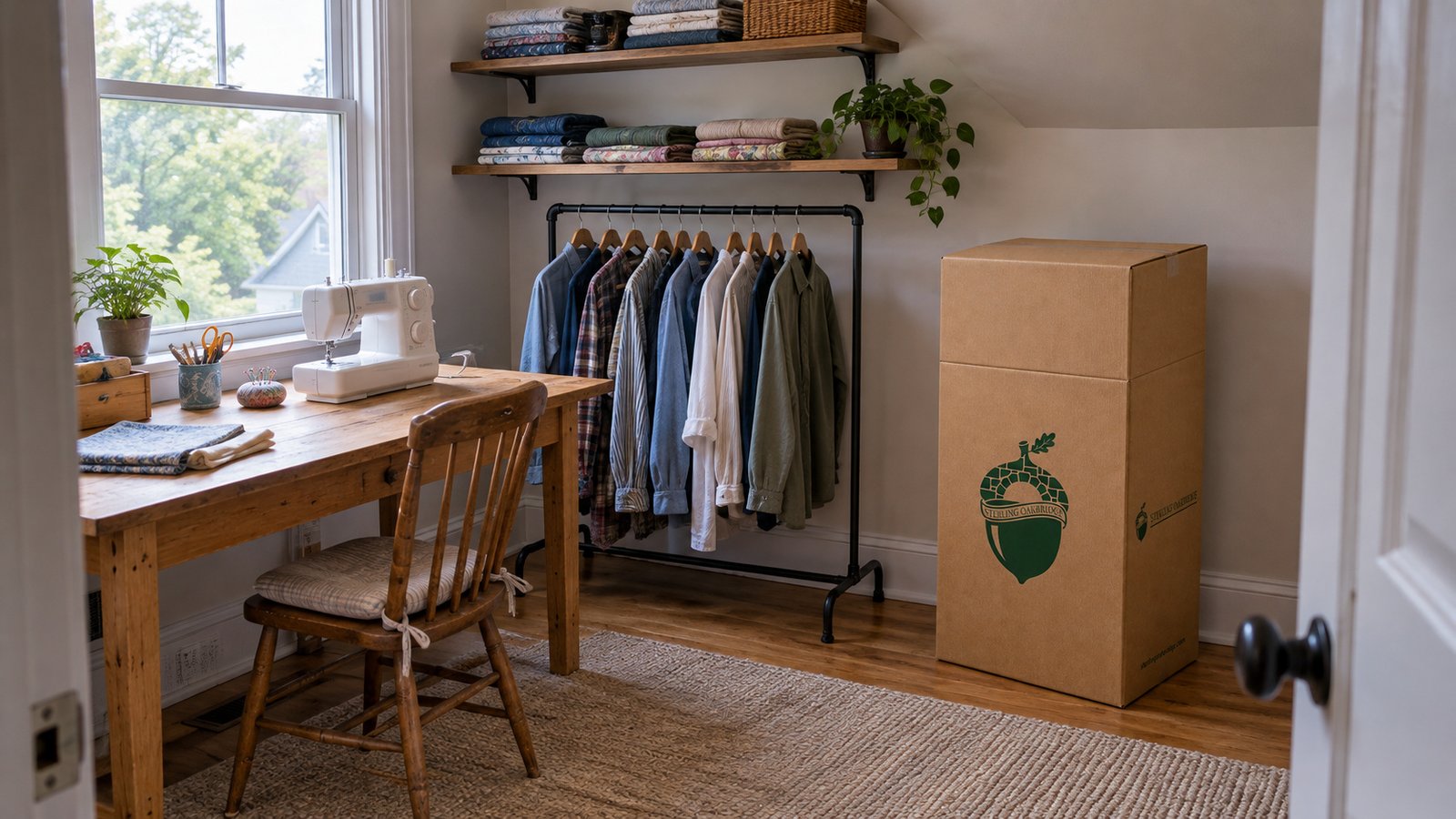 Room for sewing and clothing Sewing machine on a wooden table beside a garment rail, fabric shelves and a closed kraft Sterling Oakbridge wardrobe carton