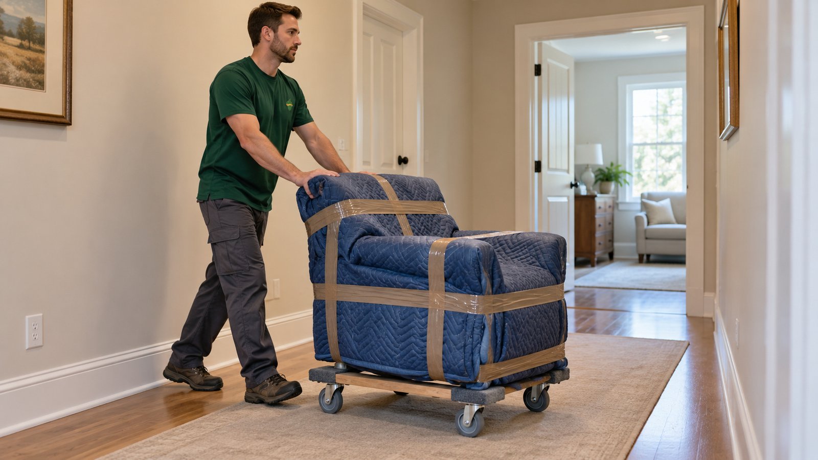 Guiding a protected armchair Male Sterling Oakbridge mover guiding a blue blanket-wrapped armchair on a compact wooden furniture dolly along a hallway
