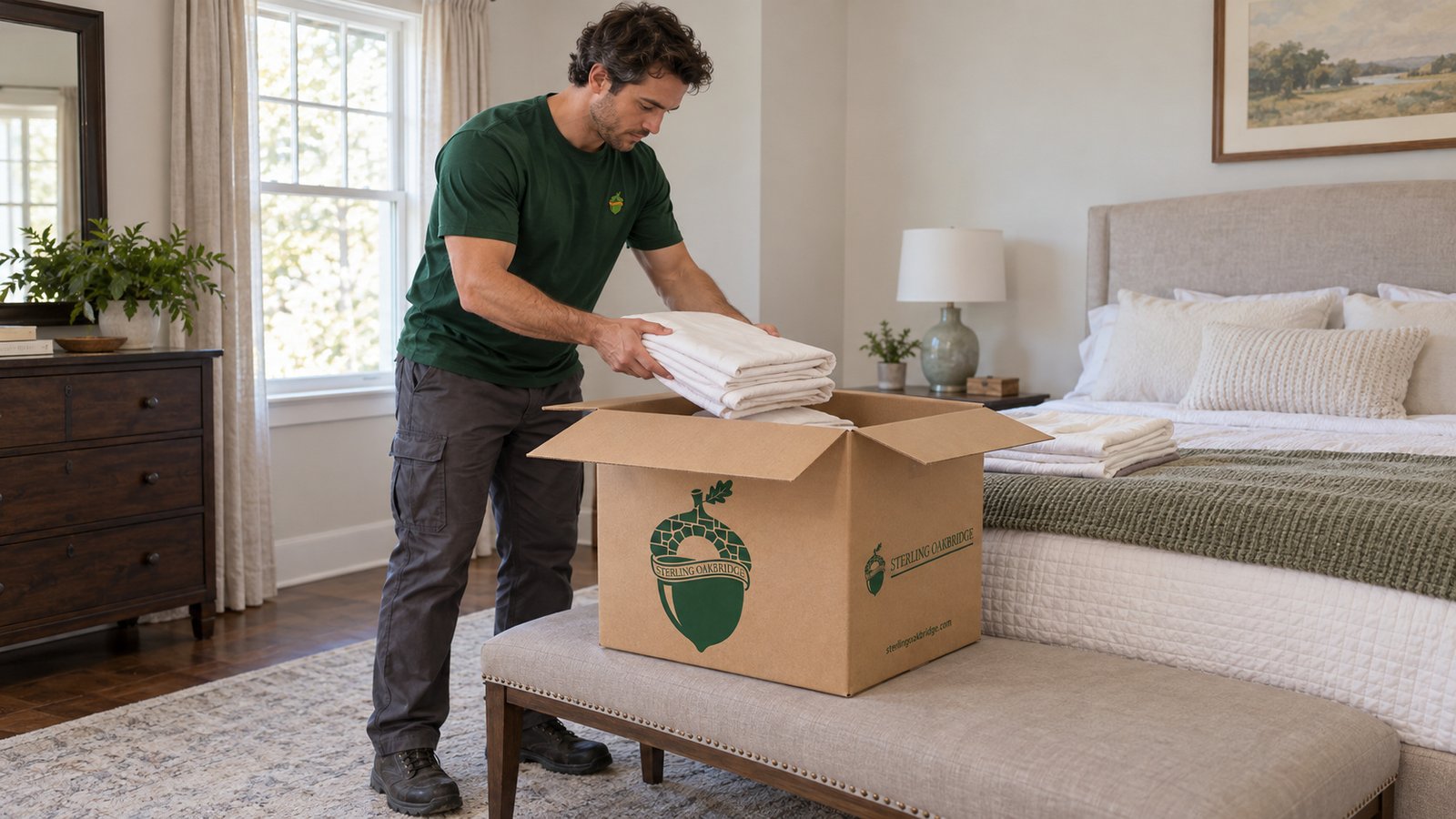 Packing folded linen Sterling Oakbridge mover lowering folded white linen into an open kraft medium carton on a bedroom bench