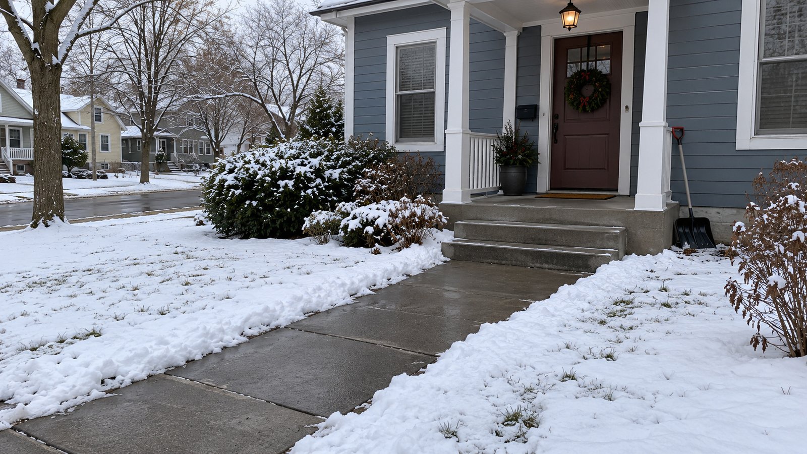 The approach after snowfall Cleared front walk and concrete porch steps at a gray clapboard home, with snow on the lawn and a shovel beside the porch