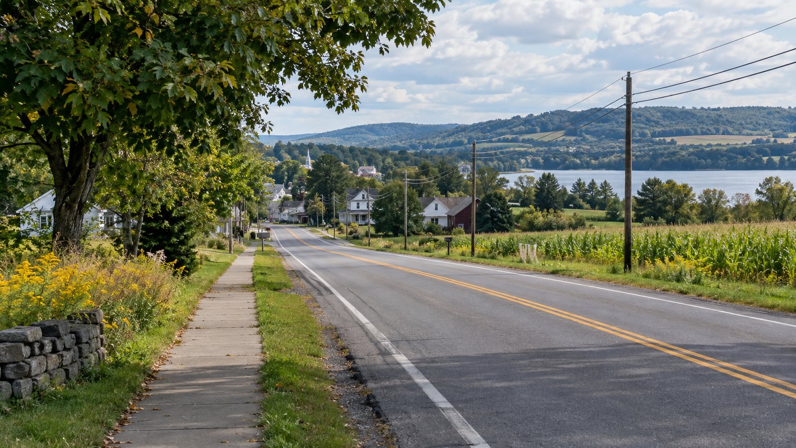 Road toward a village Two-lane road and sidewalk descending toward modest village houses, with fields, a lake and wooded hills beyond