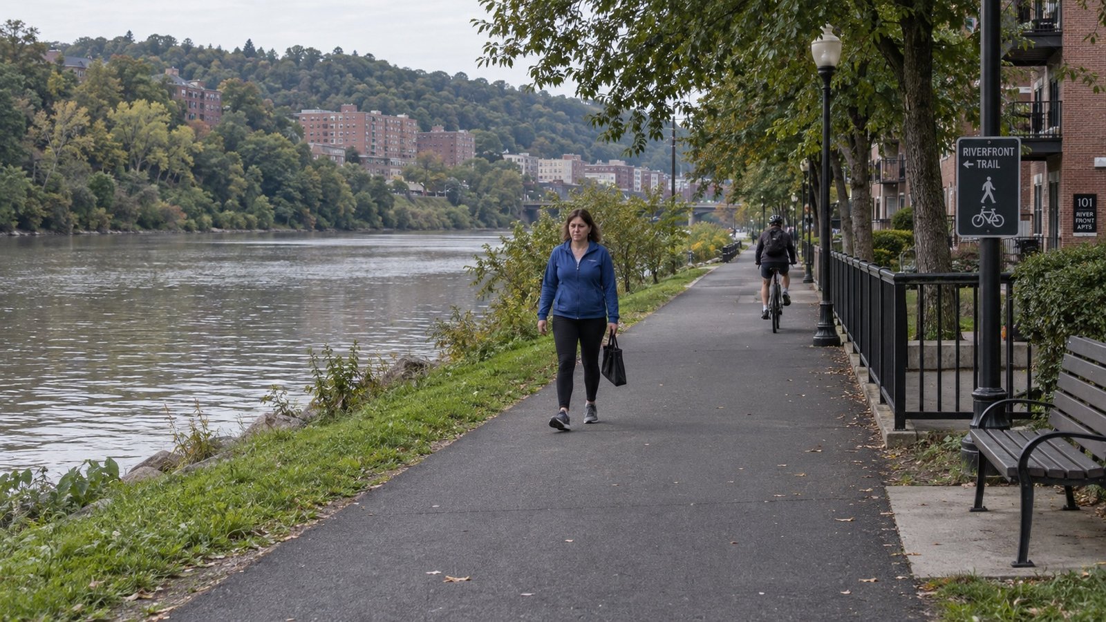 Woman walking on a riverside path as a cyclist rides away beside apartments and trees