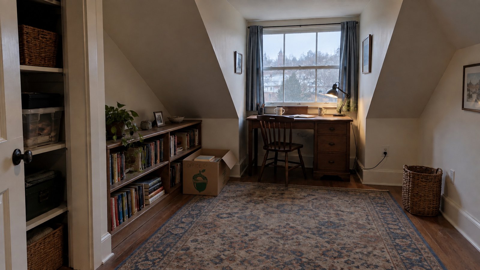 Small open Sterling Oakbridge book carton beside a low bookshelf in an attic office, with a desk beneath the dormer window