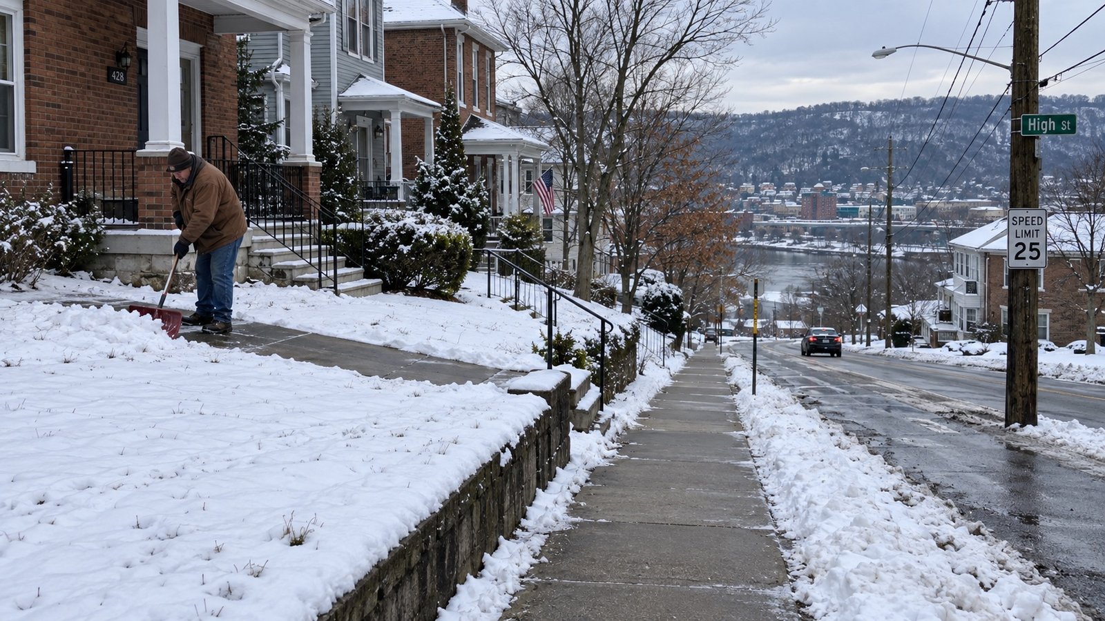 Resident clearing snow from a private walk beside a cleared sidewalk on a hillside street